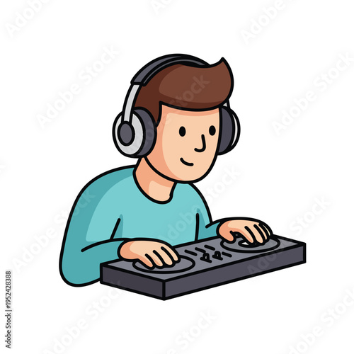 A cartoon depiction of a person, likely a DJ, wearing headphones, and operating a mixing console. The person has a neutral expression
