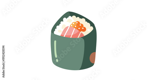 An illustrated depiction of a maki sushi roll. The seaweed exterior encases rice, a slice of fish, and small orange spheres of roe. Isolated on white