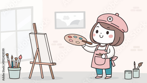 Stylized female painter character in pink attire holding palette standing beside easel and paintbrushes in studio