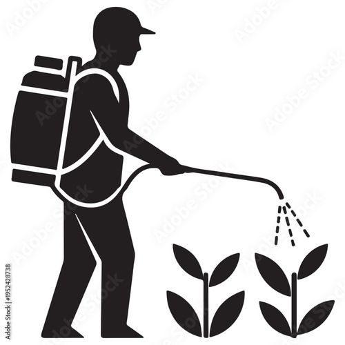 Black silhouette of a professional farmer using a manual backpack sprayer to apply liquid fertilizer or pesticides to young crops, representing agricultural pest control and plant protection.