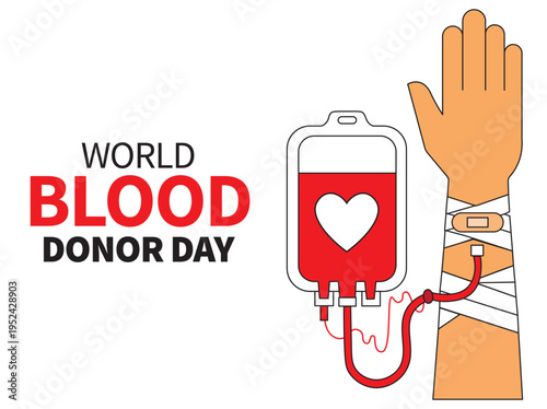 World blood donor day illustration with blood bag and human hand isolated on white background