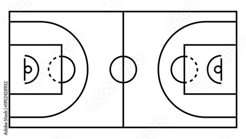 Minimalist basketball court outline on white background. Professional black line art floor plan for sports strategy, coaching, and layout design.