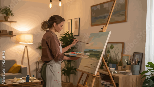Woman painting indoors with easel and paint tools creating art in a cozy home studio with warm lighting