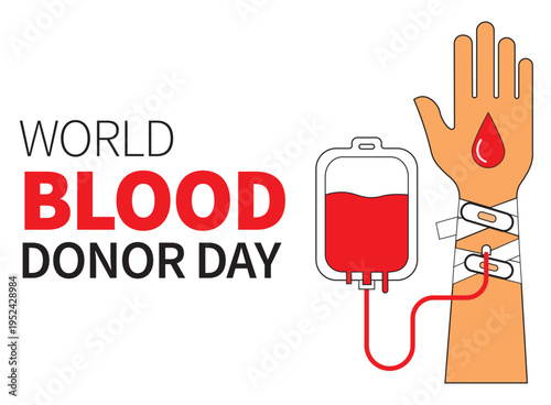 World blood donor day vector illustration with blood bag and human hand with bandage isolated on white background
