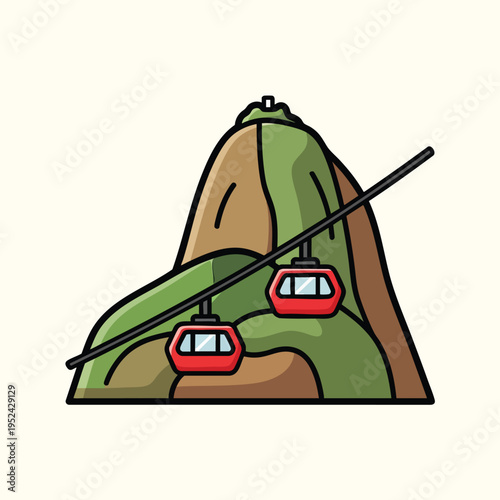 Colorful vector illustration depicts a mountain with cable cars ascending and descending its slopes, set against a creamy background