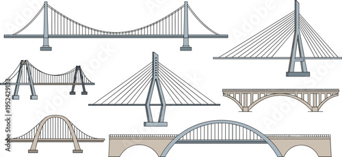 Bridge Architecture Illustration Set Featuring Various Suspension, Arch, and Cable-Stayed Bridges for Infrastructure and Engineering Designs