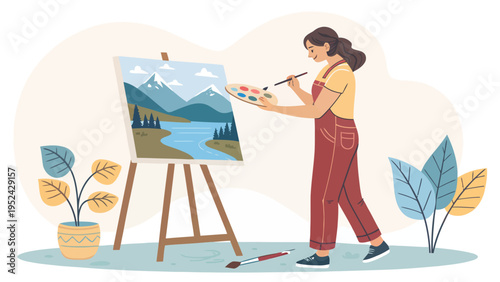 Young woman painting a scenic mountain landscape on an easel with brush and palette