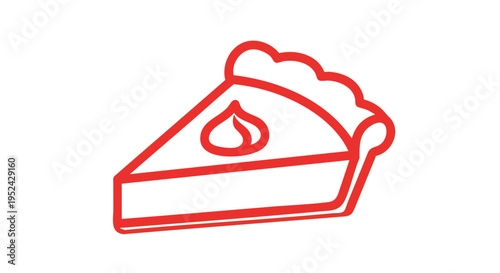 A simple, red-outlined slice of pie featuring a garnish, presented on a stark white background. This minimal image is clean and easy to grasp