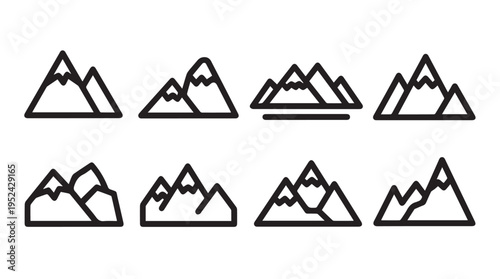 Set of Mountain Icons with Snow Peaks Outline Graphics Vector Art
