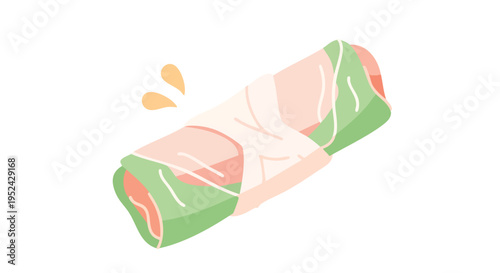 An illustrated depiction of a wrapped food item, displaying various hues of green, pink, and white on a clean white background. Accompanying yellow drops