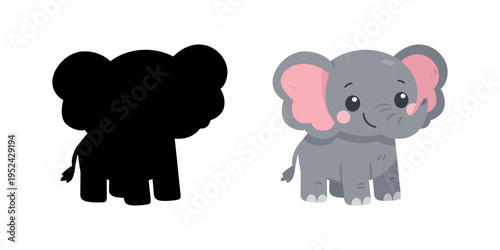 Cute baby elephant cartoon with shadow silhouette for kids educational game