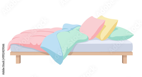 Cozy Bed with Pastel Pillows and Blankets, Comfortable Bedroom Furniture