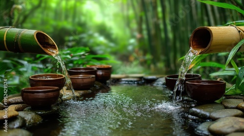 Zen garden bamboo fountain with flowing water and ceramic bowls