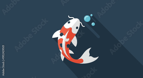 Flat Design Koi Fish Swimming with Bubbles, Japanese Carp, Vector Illustration