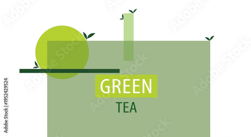 Green Tea Abstract Design with Leaves and Geometric Shapes