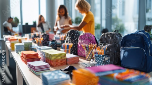 Colorful School Supplies and Backpacks Arranged on a Table with People in a Bright Indoor Space