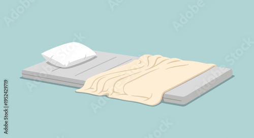 Simple Bedding Setup: Mattress, Pillow, and Blanket on Blue Background