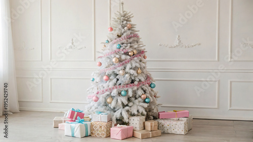 Christmas tree stands in a room with many gifts around it during the holiday season in a modern home
