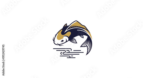 Stylized Koi Fish Jumping Over Water Waves, Japanese Art Inspired