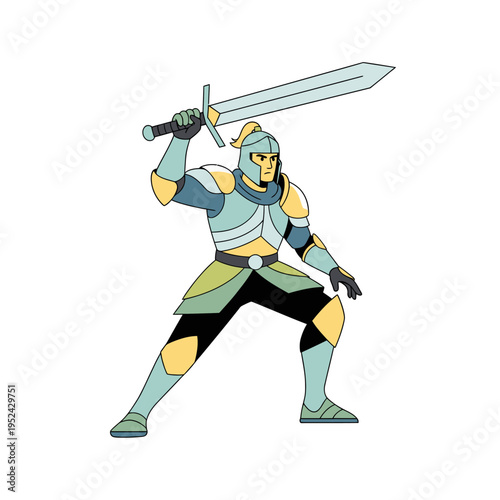 Cartoon Knight Warrior Holding Sword Overhead, Fantasy Armor, Medieval Hero, Isolated