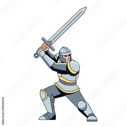 Cartoon Knight Warrior with Sword Ready for Battle - Medieval Hero Illustration