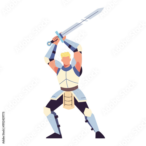 Fantasy Knight Warrior Holding Sword Overhead, Medieval Armor, Action Pose, Isolated