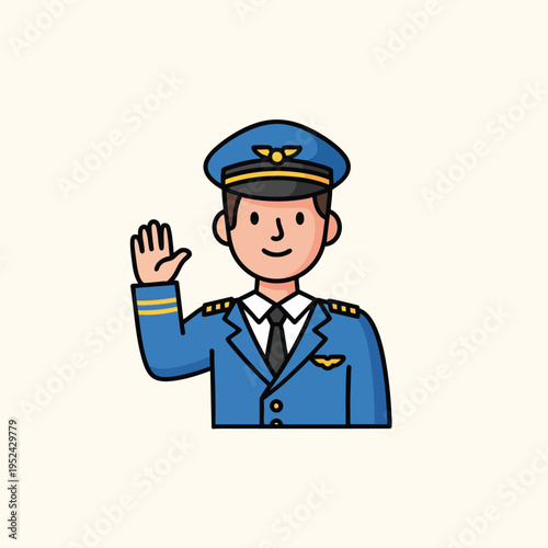 A cartoon pilot wearing a blue uniform, hat, and tie raises their hand in greeting. A stylized graphic on a cream background