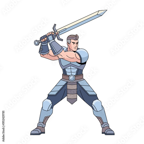 Cartoon Warrior Man Holding Sword, Ready for Battle, Fantasy Character Illustration