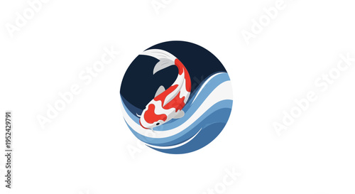 Vibrant Koi Fish Swimming in Stylized Blue Waves Circle Icon