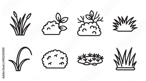 Collection of diverse plant icons including grass bushes and sprouts in a simple line art style