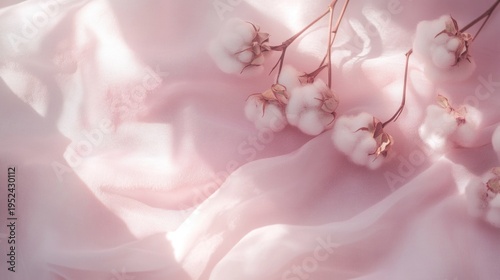 Cotton background with soft natural bolls and delicate texture. Clean organic composition for textile design, branding, packaging and creative projects.