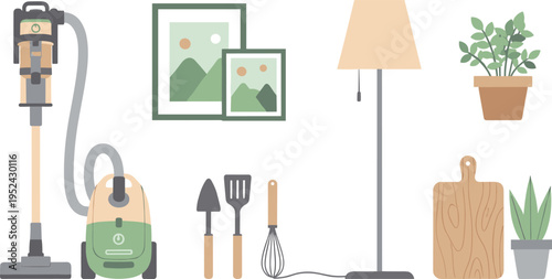 Home Cleaning and Decor Illustration Featuring Vacuum Cleaner, Tools, Plants, Picture Frames, and Lamp for Domestic and Interior Design Projects