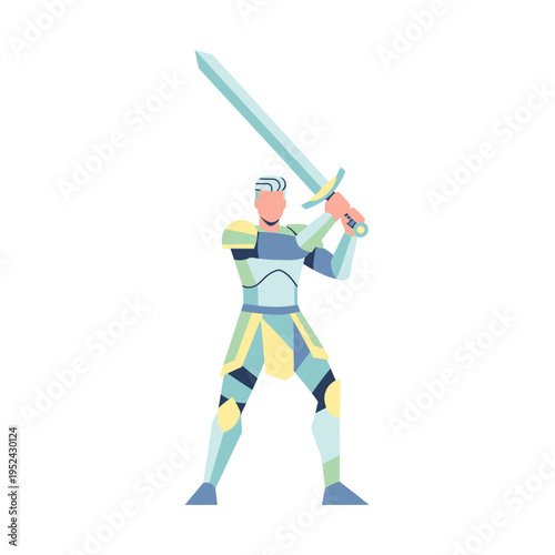 Medieval Knight Warrior in Armor with Sword, Flat Design Illustration