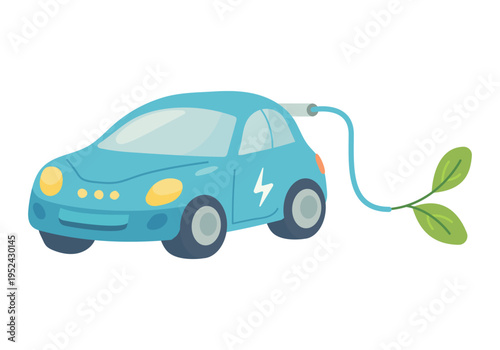 Blue electric car with charging cable and leaf