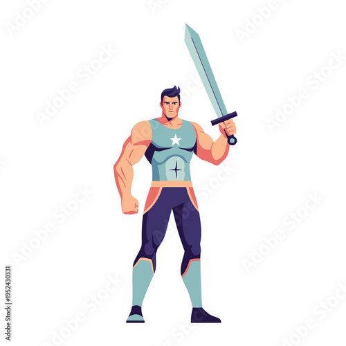 Muscular Superhero Holding Sword, Comic Style Hero Character