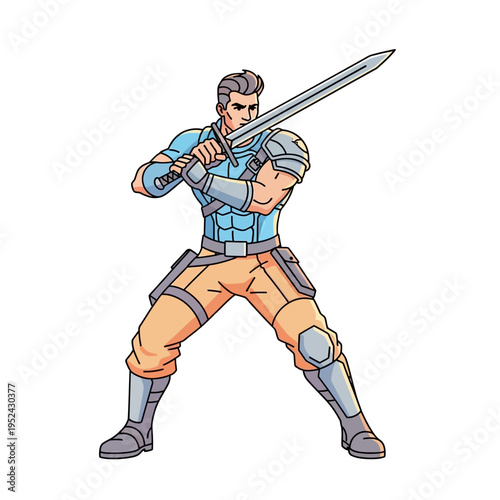 Muscular warrior character holding a sword, ready for battle, digital art illustration