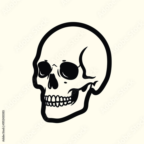 A black and white illustration of a skull head, in a minimalistic style with thick outlines on a cream background