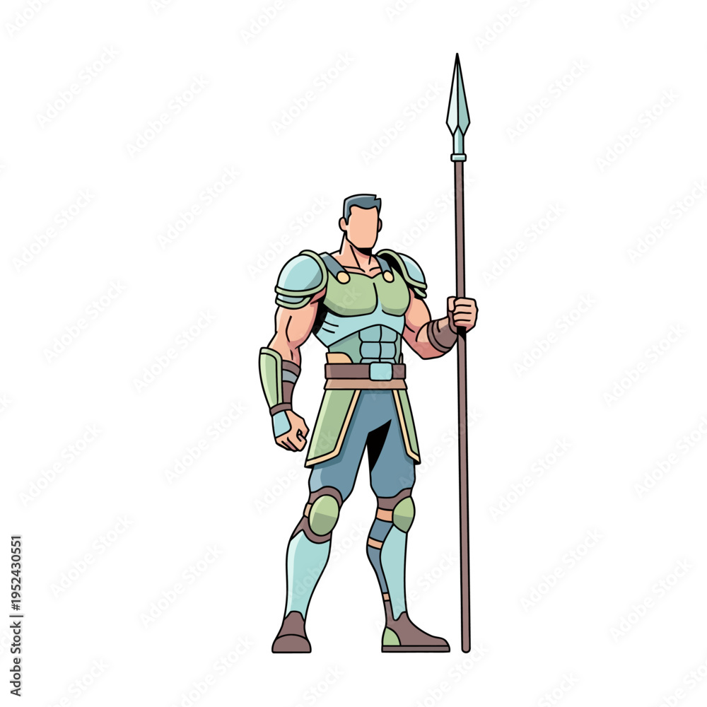 Obraz premium Muscular Warrior with Spear, Ancient Armor, Cartoon Style, Isolated on White
