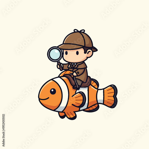 An illustration depicting a cartoon detective, complete with a trench coat and magnifying glass, riding an orange and white fish