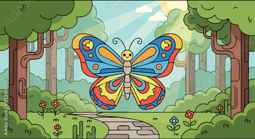 A vibrant, colorful illustration of a cartoon butterfly centered in a forest clearing. Sunbeams shine, a stone path leads through flowers