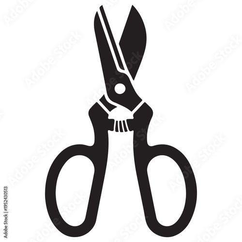 Minimalist black silhouette of garden pruning shears and floral snips for horticulture and professional landscaping, isolated on white background with clean lines and sharp graphic style.