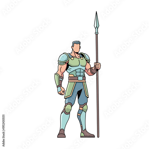 Muscular Warrior with Spear, Ancient Armor, Cartoon Style, Isolated on White