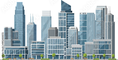 Modern Skyscraper Cityscape Illustration Featuring Tall Buildings and Urban Architecture for Business, Real Estate, and City Design Projects