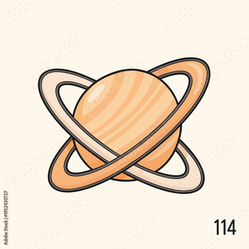 A cartoon planet with rings crossing over each other, orange and white in color against a beige backdrop with a number 114