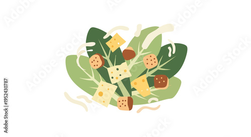 A cartoon depiction of a salad with cheese, croutons, greens, and dressing on a white background. It's a colorful, flat design