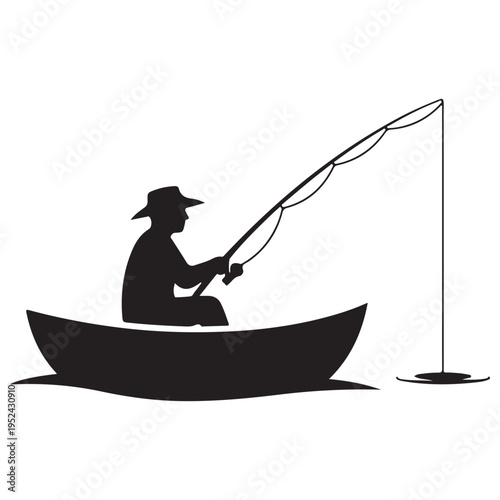 Black silhouette of a fisherman sitting in a small rowboat holding a fishing rod and line, peaceful outdoor recreation scene on a white background, minimalist vector illustration for design.
