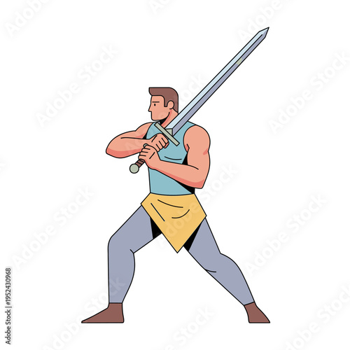 Warrior Man Holding Sword, Medieval Fighter, Heroic Pose, Fantasy Character, Action