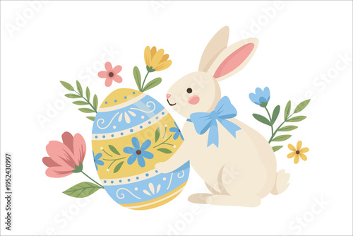 Cute Easter bunny with decorated egg and spring flowers. Vector holiday illustration on white