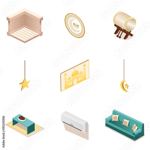 Eid Al-Fitr Celebration Interior Isometric Set with Bedug Mosque Decor and Living Room
