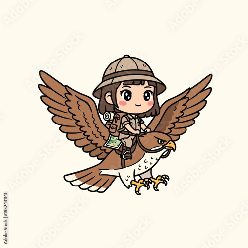 A cartoon explorer, with dark hair and a tan safari hat, rides an eagle-like bird. The bird has brown feathers with black outlines